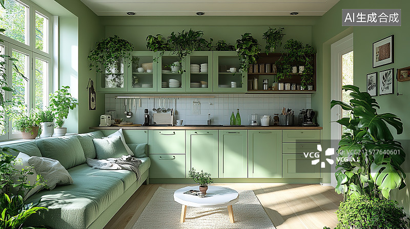 【AI数字艺术】公司商务茶水间绿色风格橱柜茶具装饰装修设计图片素材