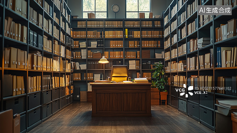 【AI数字艺术】深色冷色调实木书架经理办公室书房室内装饰装修设计图片素材