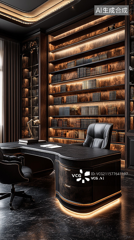 【AI数字艺术】深色冷色调实木书架经理办公室书房室内装饰装修设计图片素材