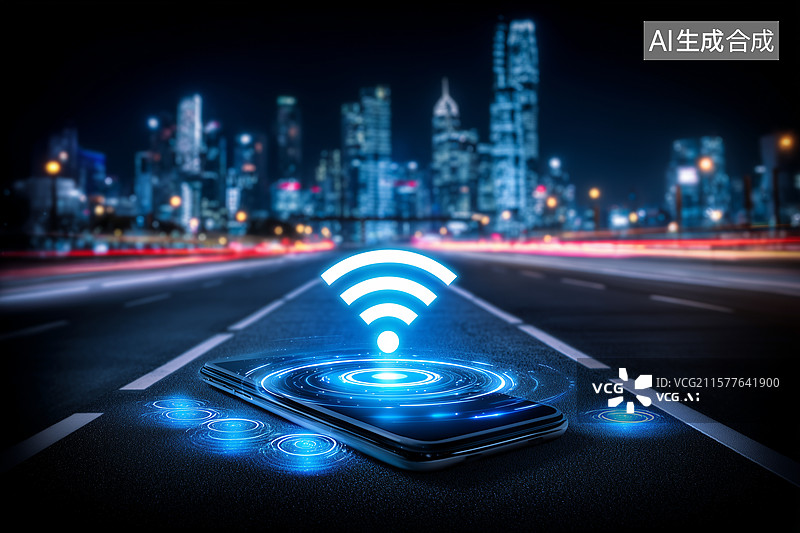 【AI数字艺术】蓝色城市WIFI无线通讯虚拟现实图片素材