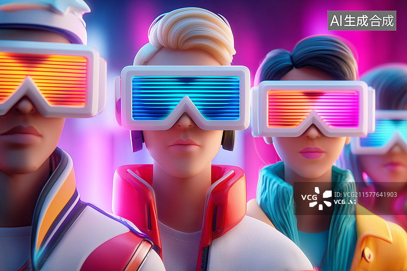 【AI数字艺术】3D渲染VR眼镜虚拟现实卡通人物图片素材