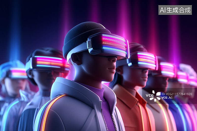 【AI数字艺术】3D渲染VR眼镜虚拟现实卡通人物图片素材