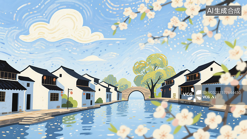 【AI数字艺术】春天水乡古镇建筑风景插画图片素材