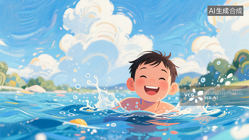 【AI数字艺术】夏天游泳的男生插画图片素材
