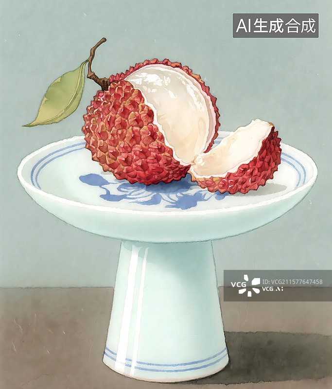 【AI数字艺术】瓷盘里的荔枝插画元素图片素材