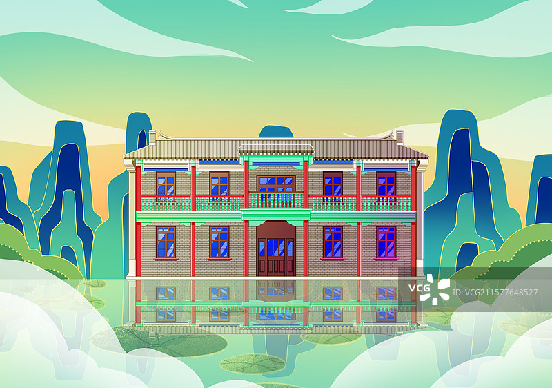 新中式国潮风城市系列插画辽宁沈阳张学良旧居大帅府小青楼图片素材