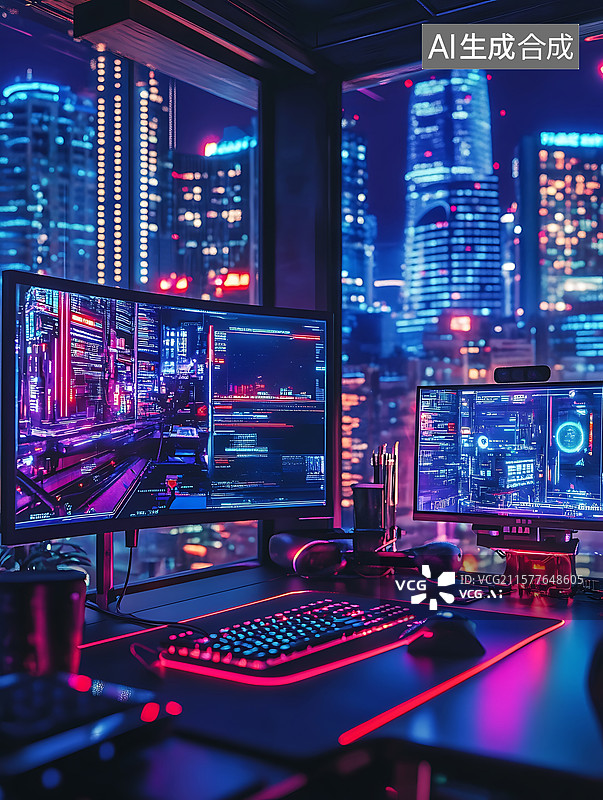 【AI数字艺术】互联网大数据工作桌面夜晚图片素材