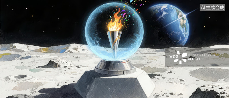 【AI数字艺术】月球表面的雪景球与地球背景图片素材