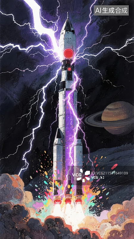 【AI数字艺术】火箭升空，闪电环绕，行星相伴图片素材