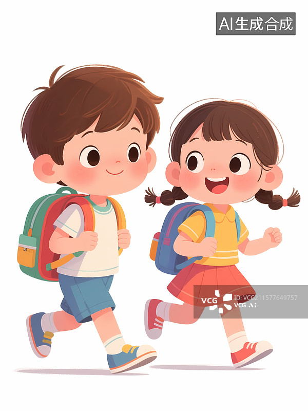 【AI数字艺术】背着书包的两个孩子扁平插画图片素材
