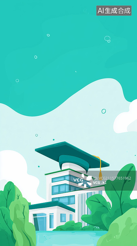 【AI数字艺术】学府建筑与毕业帽的创意插画图片素材