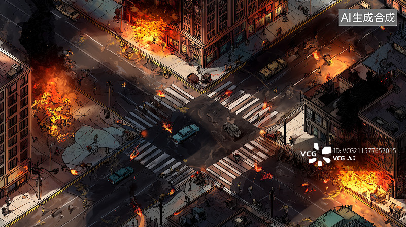 【AI数字艺术】城市街道火灾现场俯瞰图图片素材