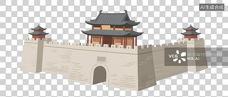 【AI数字艺术】历史古代城池城墙古城建筑平面插画免扣元素图片素材