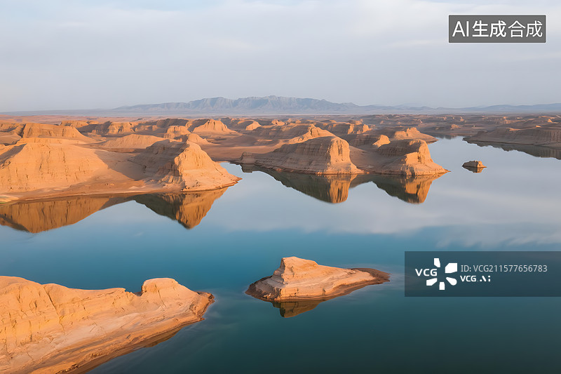 【AI数字艺术】雅丹地貌的湖光倒影图片素材