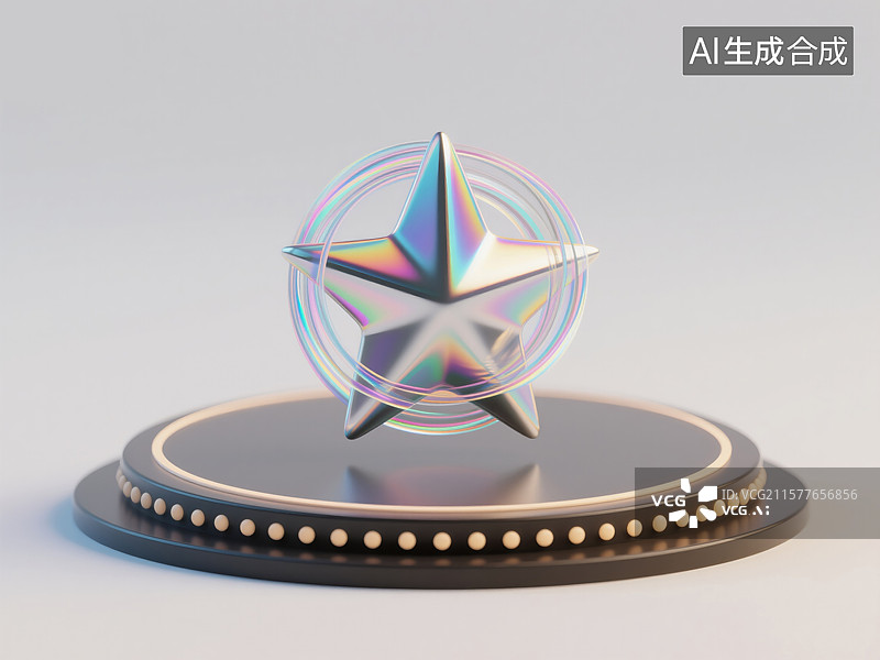 【AI数字艺术】未来派3D旋转星星悬浮于圆形舞台彩激光镭射酸性金属科技创新、金融增长和企业活动创意插画图片素材