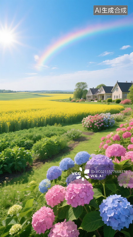 【AI数字艺术】蔚蓝的天空，近景蓝色粉色绣球花，远处一片一望无际漂亮的油菜花，在一角有几栋漂亮别墅图片素材