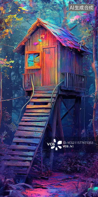 【AI数字艺术】林中小屋故事插图场景插画图片素材