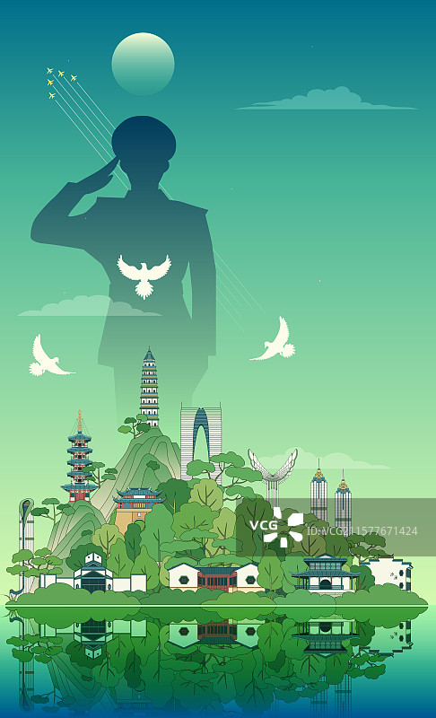 苏州建军建党节国庆矢量描边插画图片素材