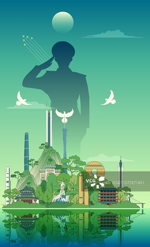 广州建军建党节国庆矢量描边插画图片素材