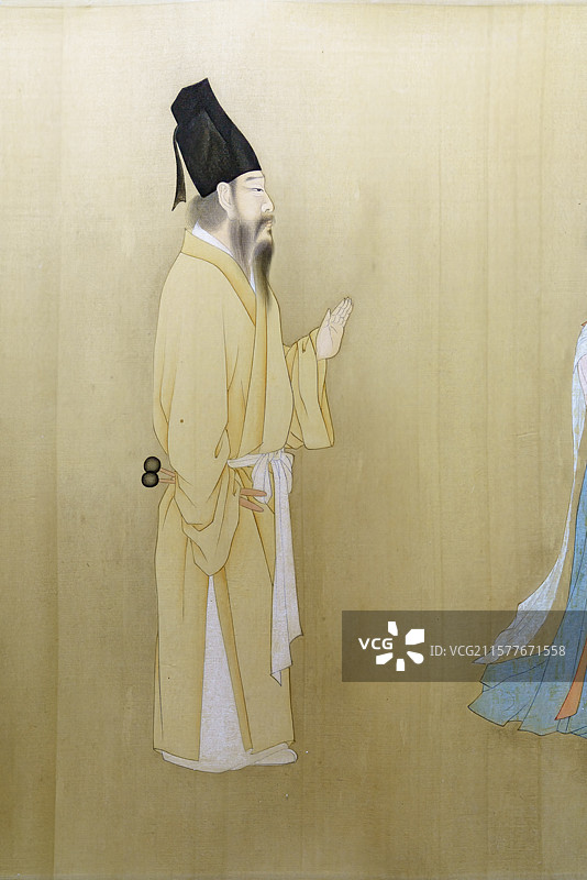 北京荣宝斋“丽人行——荣宝斋藏古代仕女画作品展”五代顾闳中《韩熙载夜宴图》木板水印本局部场景特写图片素材