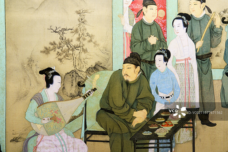 北京荣宝斋“丽人行——荣宝斋藏古代仕女画作品展”五代顾闳中《韩熙载夜宴图》木板水印本局部场景特写图片素材