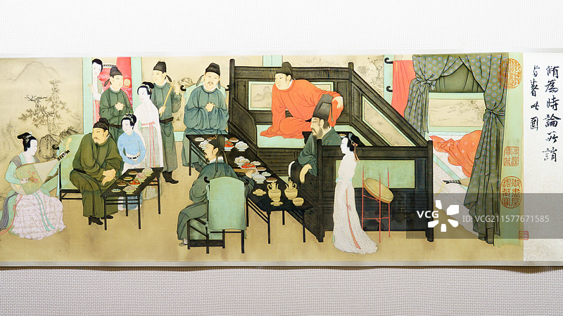 北京荣宝斋“丽人行——荣宝斋藏古代仕女画作品展”五代顾闳中《韩熙载夜宴图》木板水印本局部场景特写图片素材