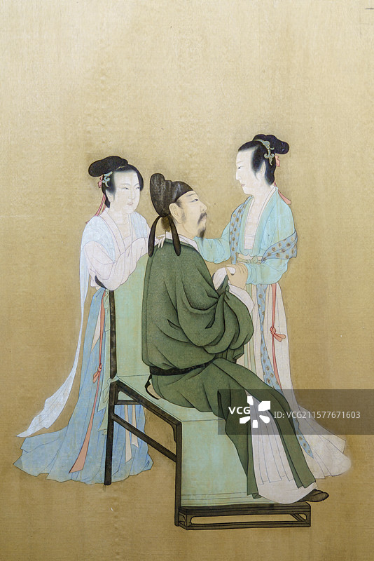 北京荣宝斋“丽人行——荣宝斋藏古代仕女画作品展”作品1950年代临摹室绢本设色《五代韩熙载夜宴图》图片素材