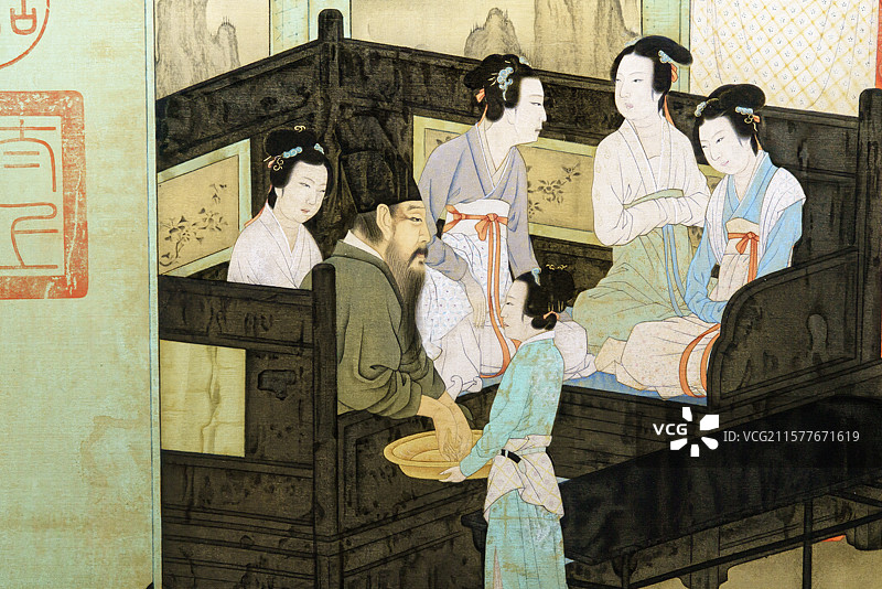 北京荣宝斋“丽人行——荣宝斋藏古代仕女画作品展”五代顾闳中《韩熙载夜宴图》木板水印本局部场景特写图片素材