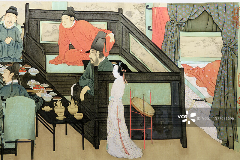 北京荣宝斋“丽人行——荣宝斋藏古代仕女画作品展”五代顾闳中《韩熙载夜宴图》木板水印本局部场景特写图片素材