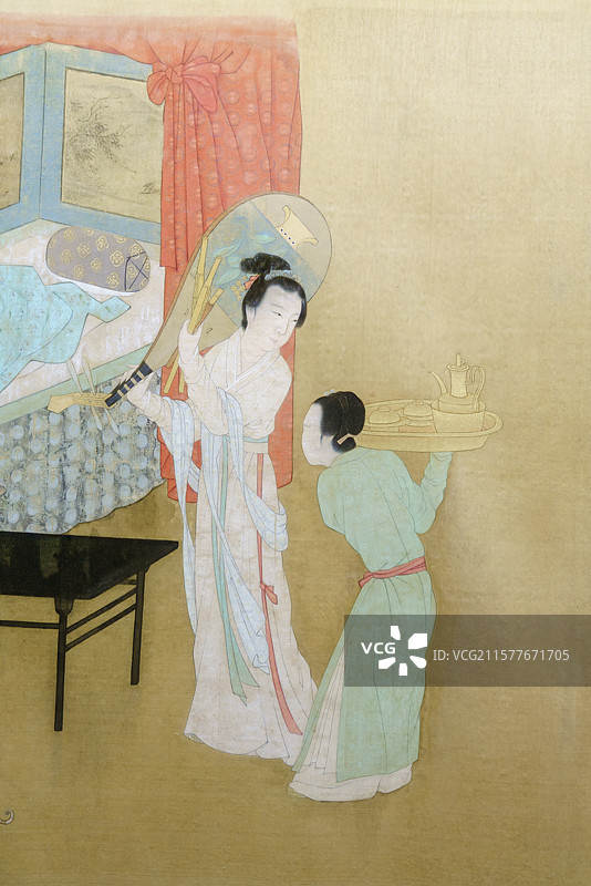 北京荣宝斋“丽人行——荣宝斋藏古代仕女画作品展”作品1950年代临摹室绢本设色《五代韩熙载夜宴图》图片素材