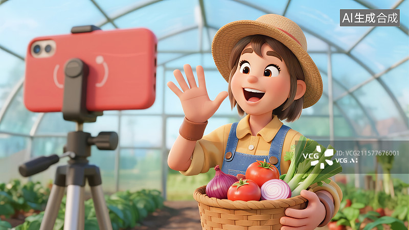 【AI数字艺术】一个女人在田间大棚里对着手机带货直播图片素材