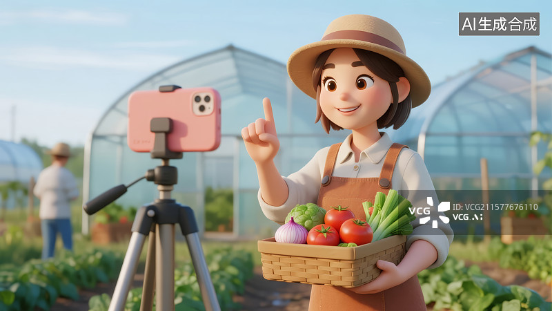 【AI数字艺术】一个女人在田间大棚里对着手机带货直播图片素材