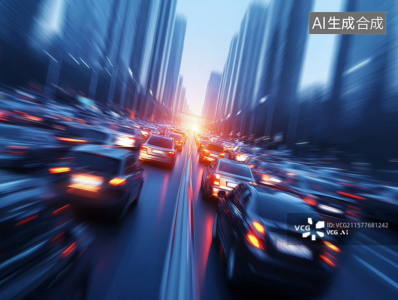 【AI数字艺术】现代城市道路上高速移动的繁忙车流图片素材