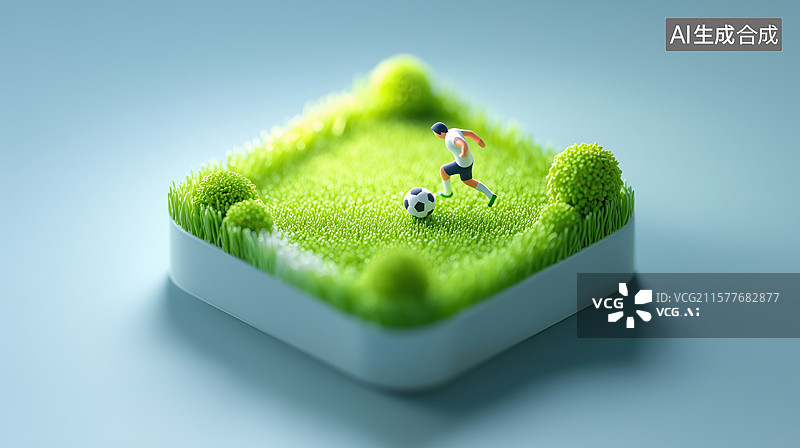 【AI数字艺术】绿茵场带球突破的儿童足球运动员3D卡通立体背景插画图片素材