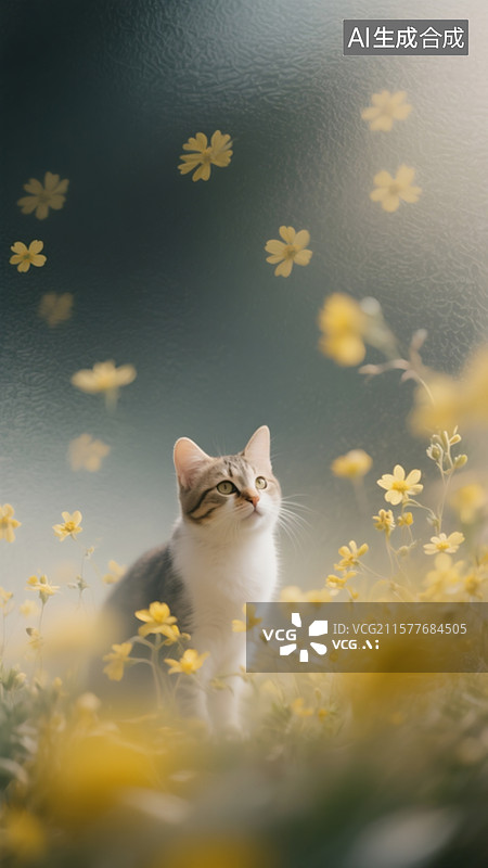 【AI数字艺术】一片绿色，淡缘色和深墨色渐变的小花纹理，通透的黄色小花，薄如绢纱，一只小猫乱入，朦胧磨砂滤镜图片素材
