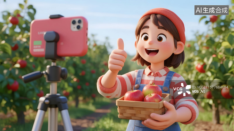 【AI数字艺术】一个女人在苹果园里对着手机带货直播图片素材
