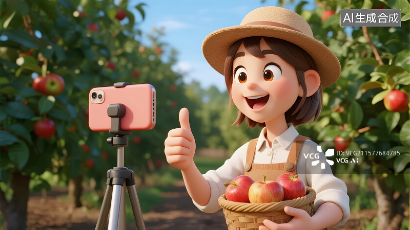 【AI数字艺术】一个女人在苹果园里对着手机带货直播图片素材