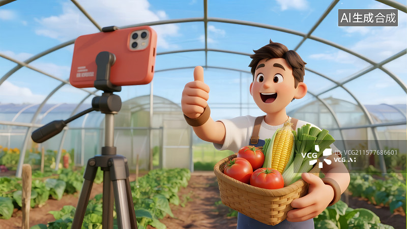 【AI数字艺术】一个男人在田间大棚里对着手机带货直播图片素材
