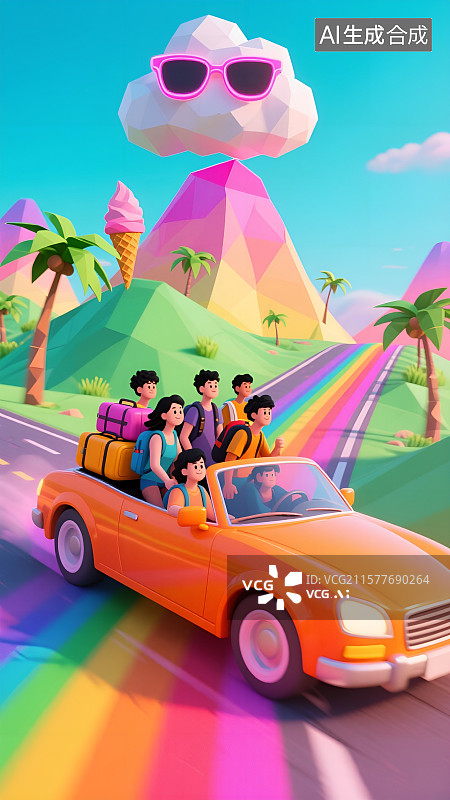 【AI数字艺术】世界旅游日卡通插画——梦幻糖果色的假日自驾游旅行图片素材