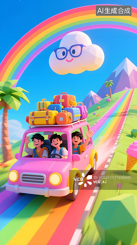 【AI数字艺术】世界旅游日卡通插画——梦幻糖果色的假日自驾游旅行图片素材