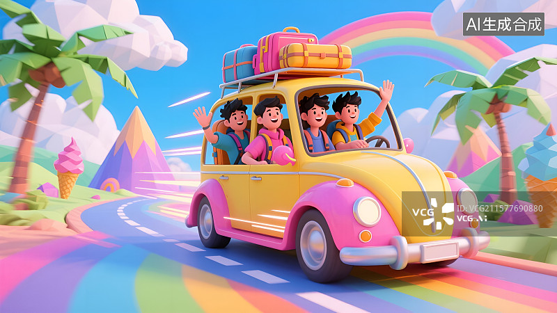 【AI数字艺术】世界旅游日卡通插画——梦幻糖果色的假日自驾游旅行图片素材