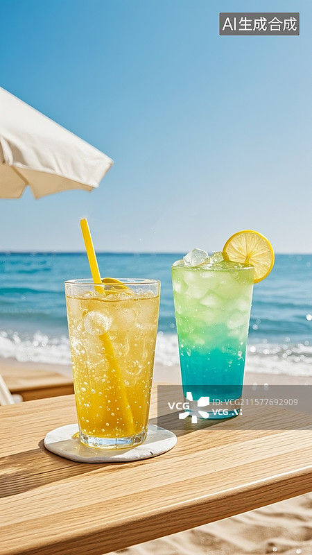 【AI数字艺术】海滨饮品，浅色木质台面上，一杯黄色气泡饮，透明玻璃杯里满是碎冰，插着一根黄色吸管,蓝绿色冰饮，图片素材