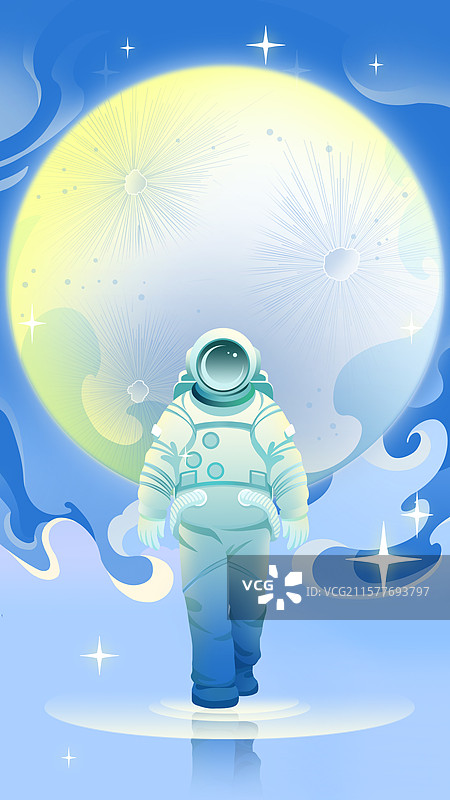 人类月球日-科幻宇航员与身后的星球图片素材