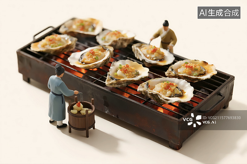 【AI数字艺术】微距烤生蚝烧烤蒜蓉生蚝场景图片素材