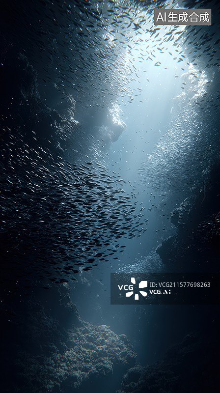 【AI数字艺术】海底光影与鱼群图片素材