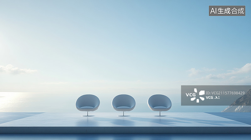 【AI数字艺术】三把现代椅子在海边平台上图片素材