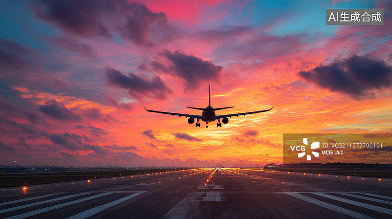 【AI数字艺术】日落时分飞机起飞图片素材
