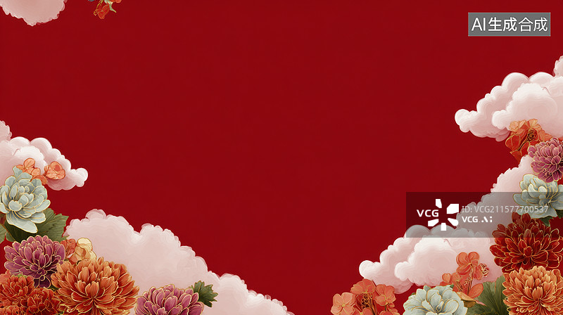 【AI数字艺术】红色背景上的花卉与云朵装饰图片素材