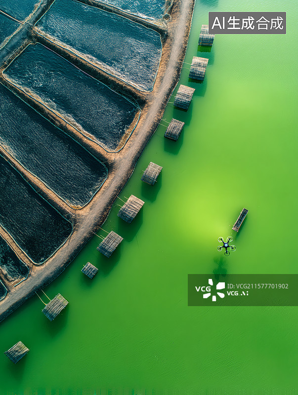 【AI数字艺术】空中俯瞰盐田与绿水图片素材
