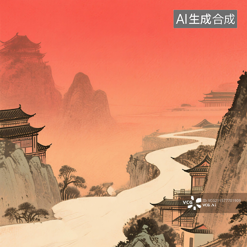 【AI数字艺术】橙红渐变天空下的中国传统水墨山水图片素材